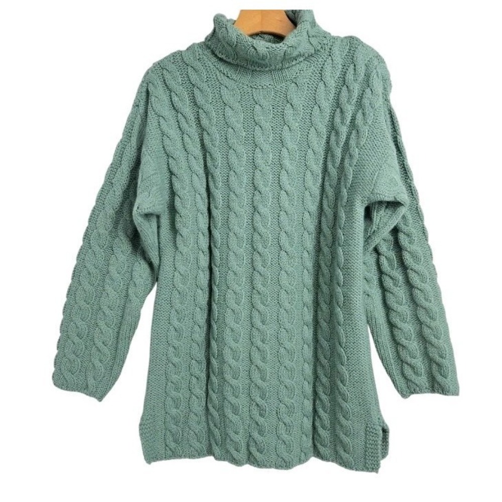 Aran Crafts Sweater Womens Medium Mock Neck Cable Knit Aqua Merino Wool Ireland